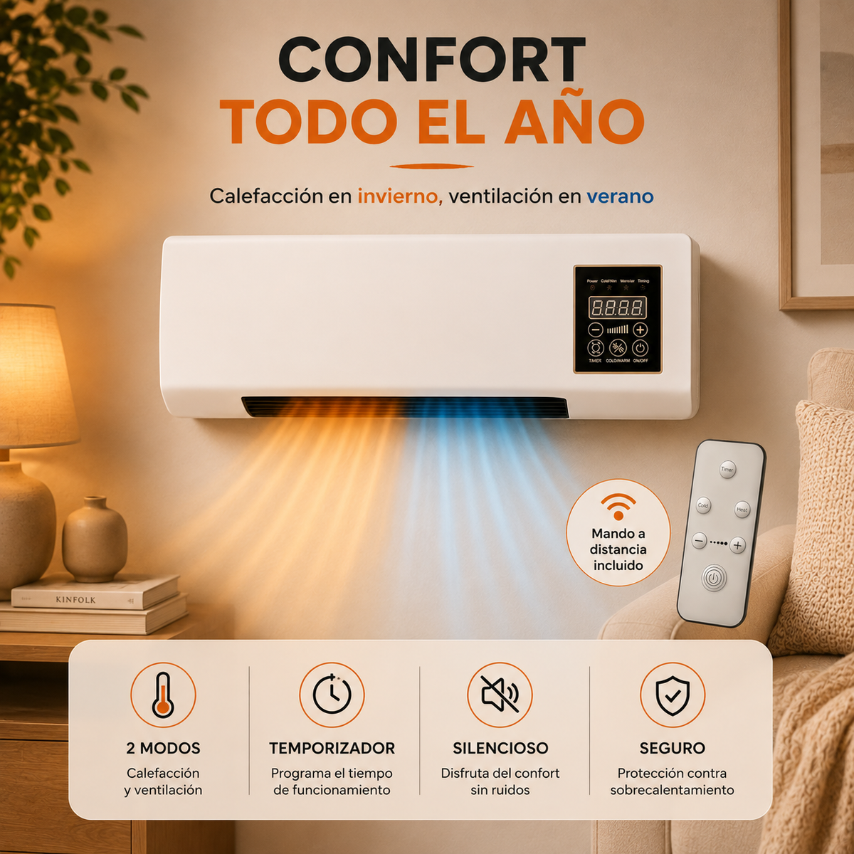 Calefactor y ventilador de pared 1800W