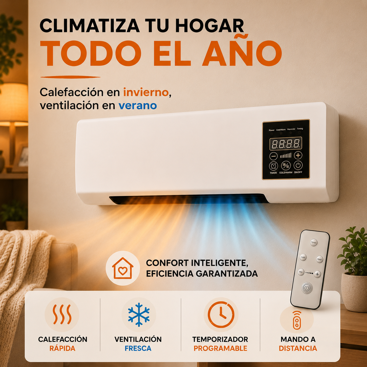 Calefactor y ventilador de pared 1800W