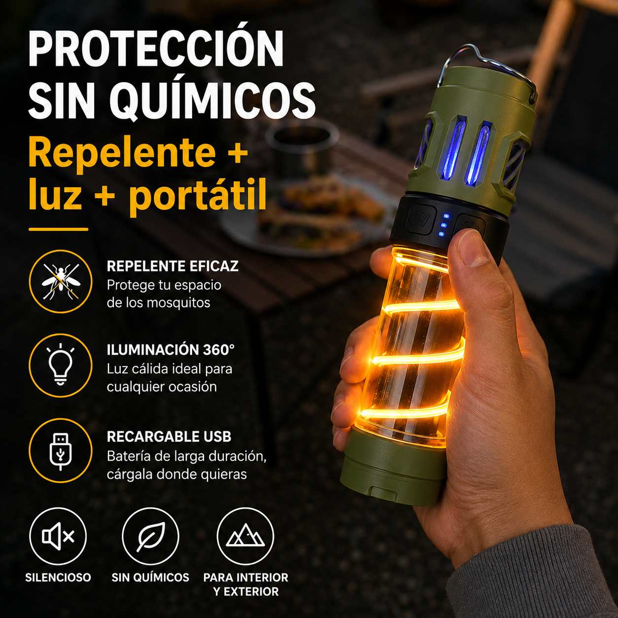 Linterna trípode antimosquitos 3 en 1