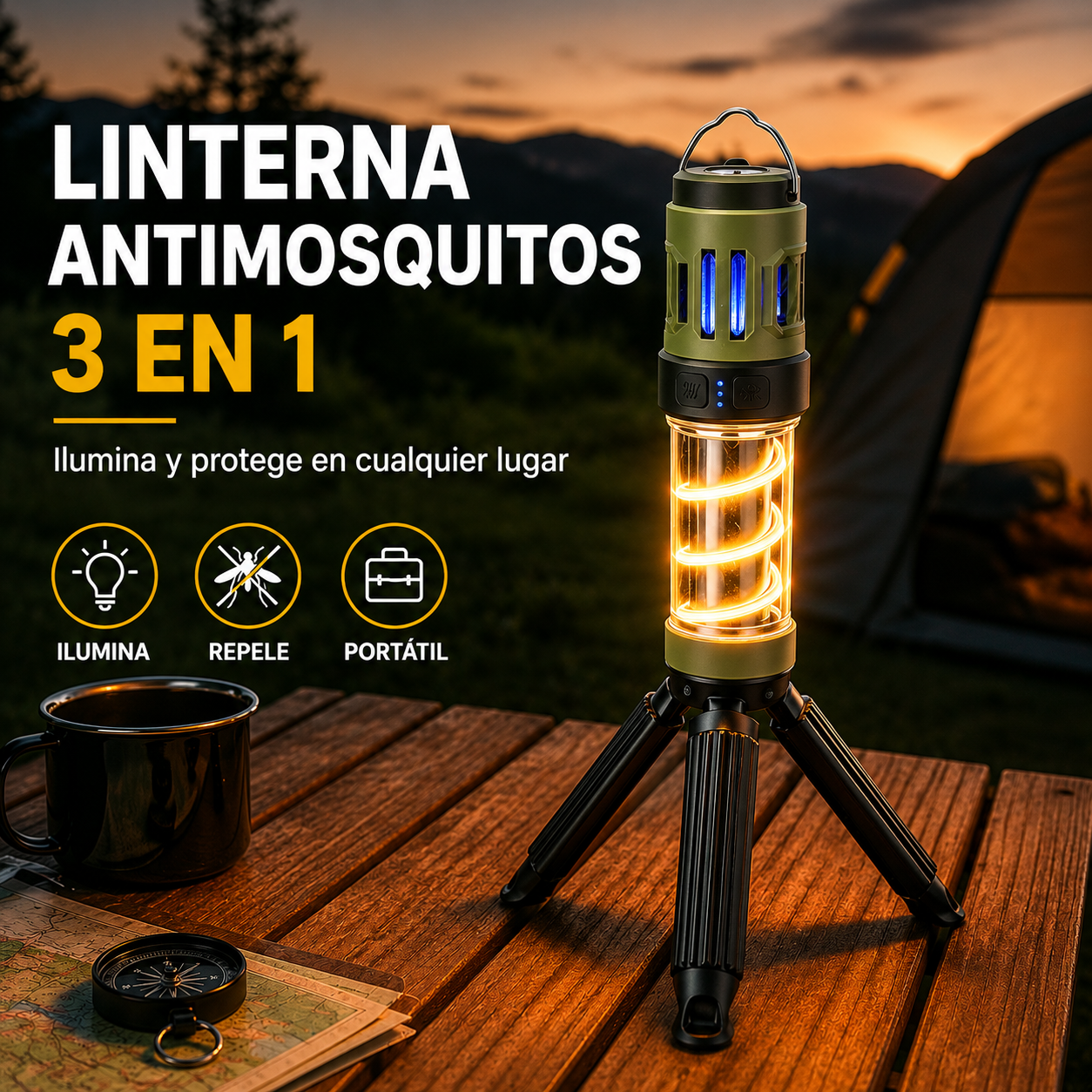 Linterna trípode antimosquitos 3 en 1